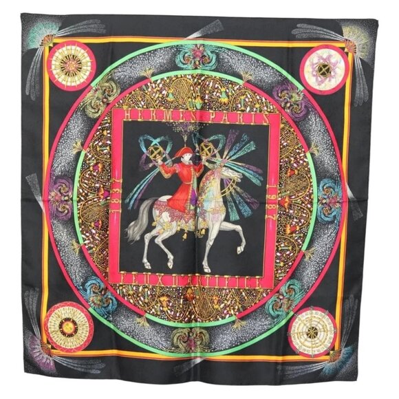 HERMES Carre 90 Scarf ""FEUX D' ARTIFICE"" Silk Black Auth hk2955 - Picture 1 of 12